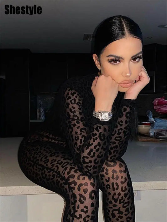 Shestyle Leopard Transparent Jumpsuits Women Skinny Back Zip Mock Neck Black Sexy 2021 Hot Animal Print Slim Clubwear Fitness