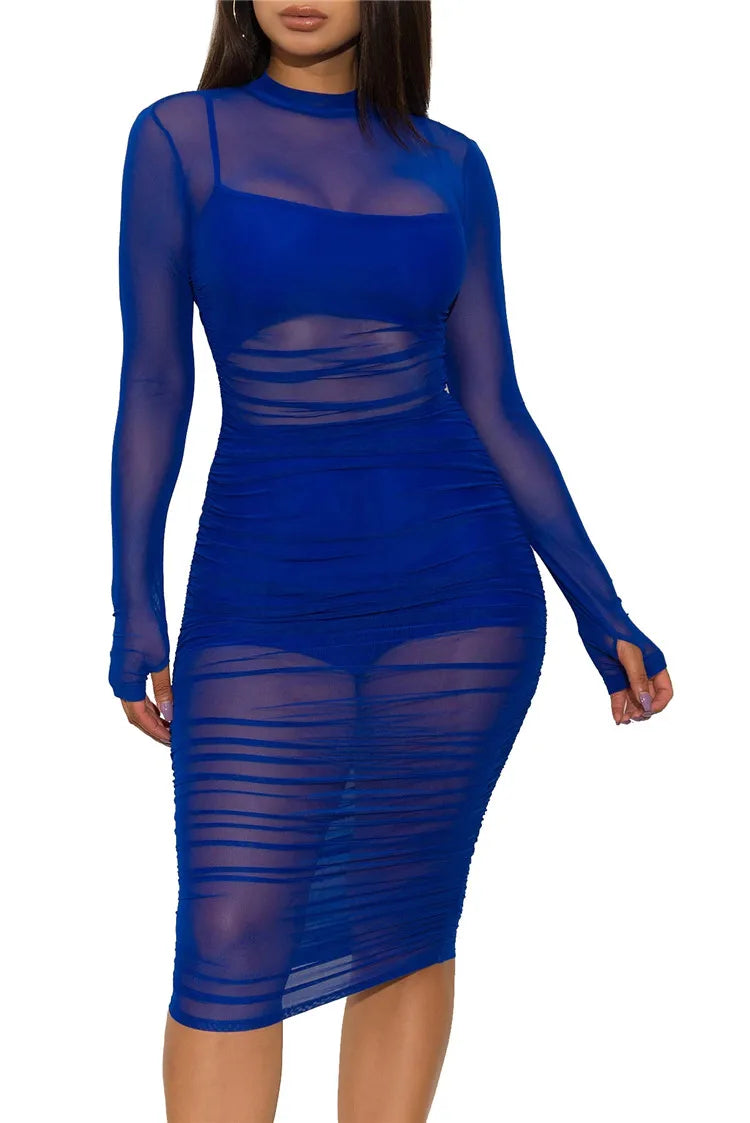 Women Mesh See Through 3 Piece Set Bodycon Ruched Cover Up Midi Dress+Camis+Shorts 3 Pieces Suits Sexy Night Club Party Outfits