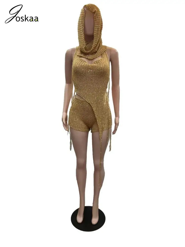 Joskaa Sequins Knit Beach 3 Piece Sets Women Sexy Backless Halter Irregular Top+Head Scarf+Shorts Matching Set Vacation Outfits