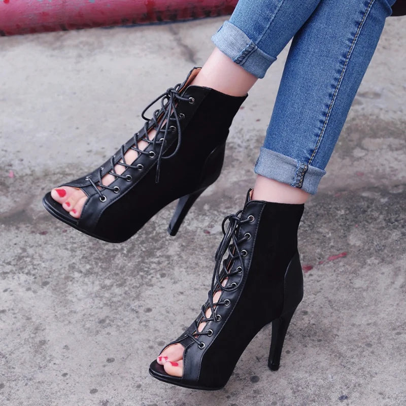 Black Summer High Heels Ankle Boots For Women 2025 Spring Peep Toe Lace Up Pumps Party Jazz Dance Shoes Suede Ladies Large Size