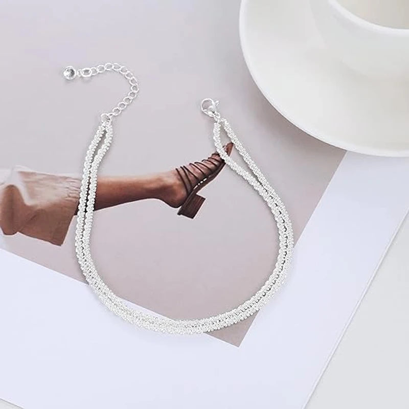 Sterling Silver Ankle Bracelets for Women Dainty Adjustable Layered Anklet Set Stackable Cuban Link Anklets Beach Jewelry