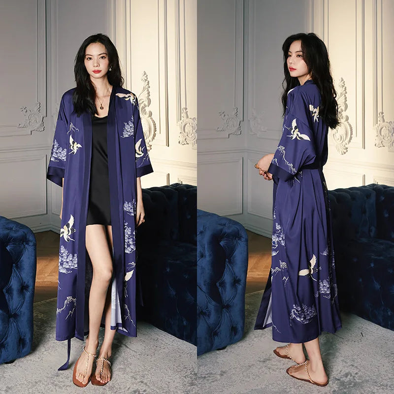 Print Flower Long Kimono Bathrobe Gown Sexy Women Half Sleeve Wedding Robe Nightgown Spring Summer Rayon Home Dress Sleepwear