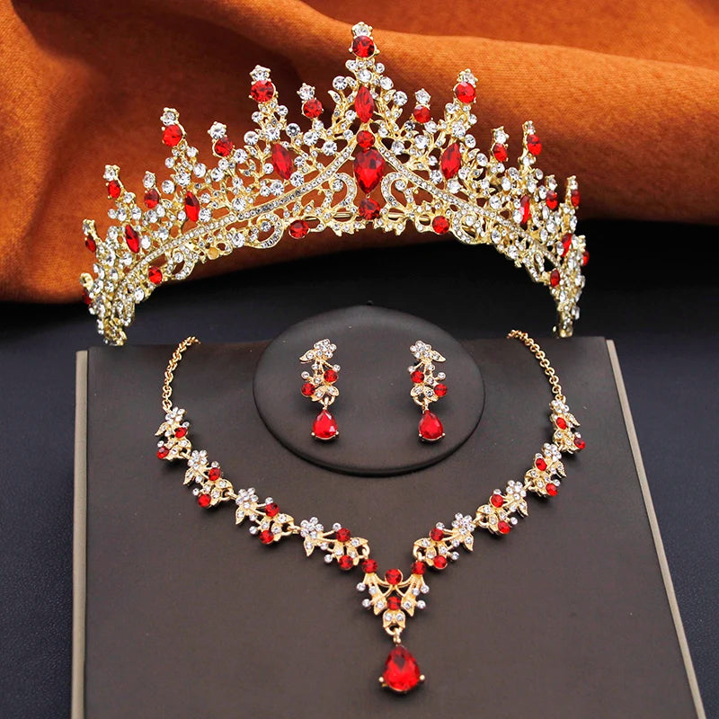Elegant Bride Tiaras and Necklace Earrings Set Girls 3 pcs Party Birthday Bridal Sets Wedding Crown Jewelry Costume Accessories