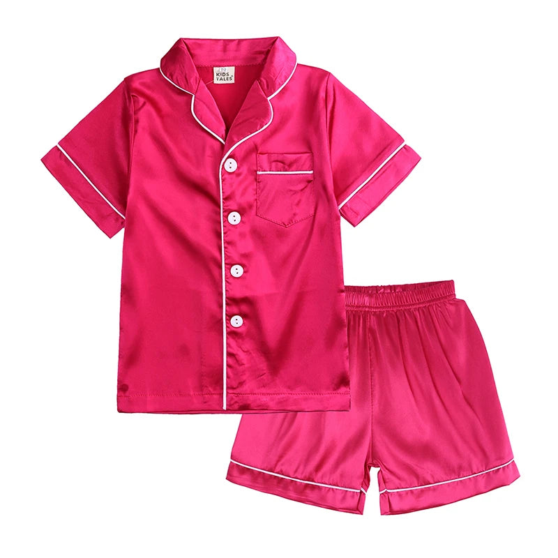 Comfortable Summer Pajama Sets for Boys Girls Silk Satin Top+Pant Long Sleeve Solid Silky Pyjamas Nightgown Children Sleepwear
