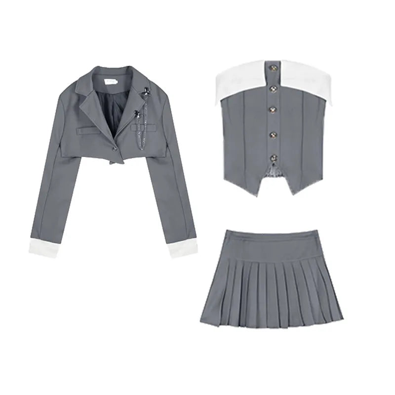 Preppy Style Elegant 3 Piece Set Women Fashion Casual Blazer Suit Female Pleated Mini Skirt + Irregular Camisole + Short Jacket