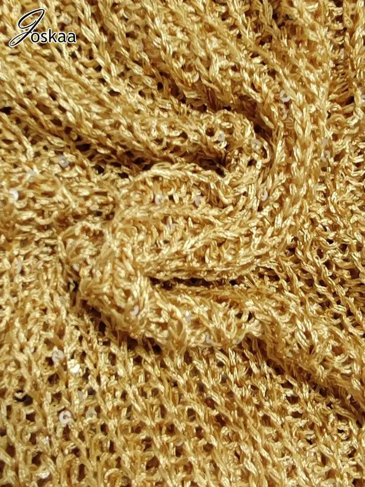 Joskaa Sequins Knit Beach 3 Piece Sets Women Sexy Backless Halter Irregular Top+Head Scarf+Shorts Matching Set Vacation Outfits