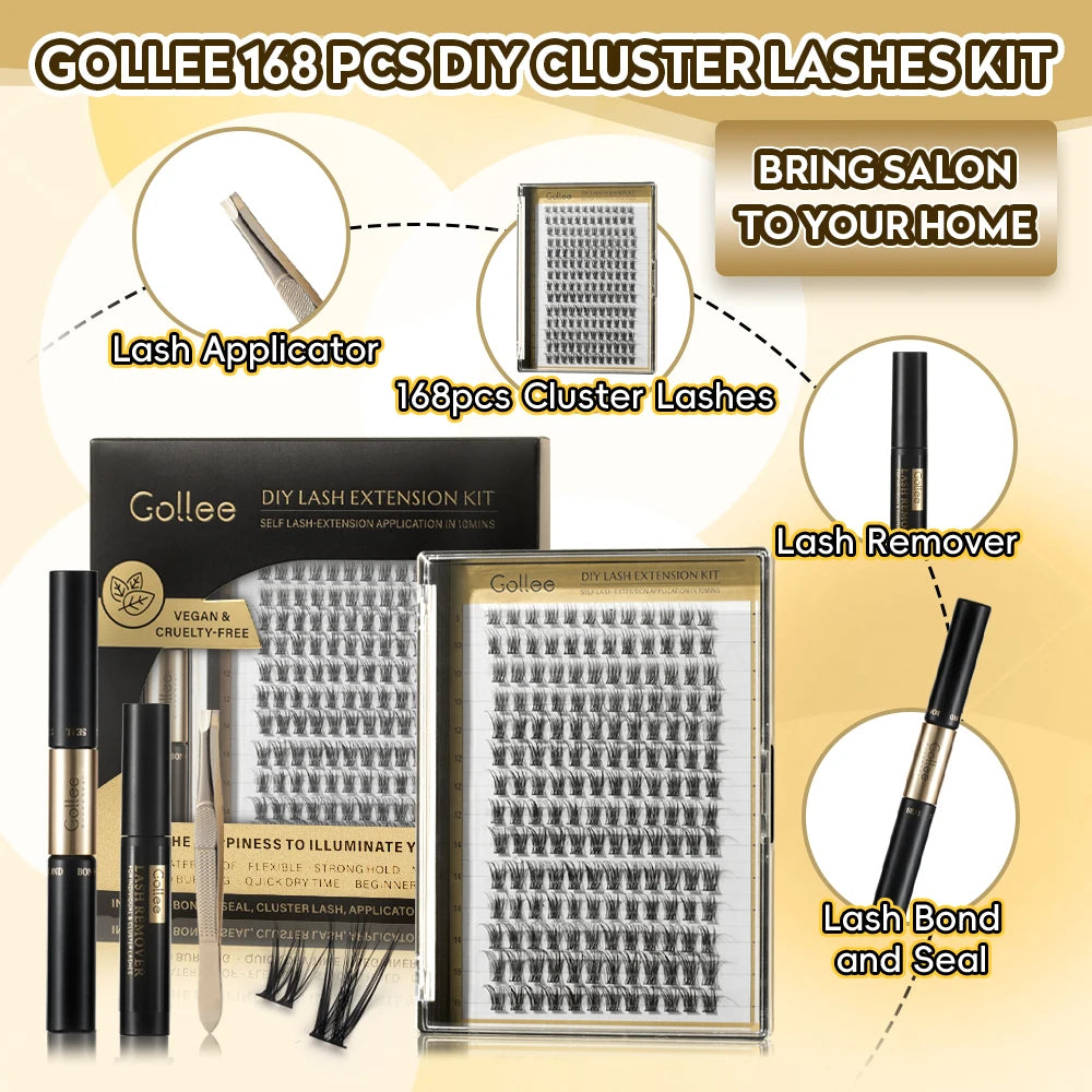 Gollee 168pcs DIY Cluster Lash Kit 2 IN 1 Bond and Seal 8ml Lasting 3Days Lash Remover Home Use False Eyelash Adhesive Seal tool