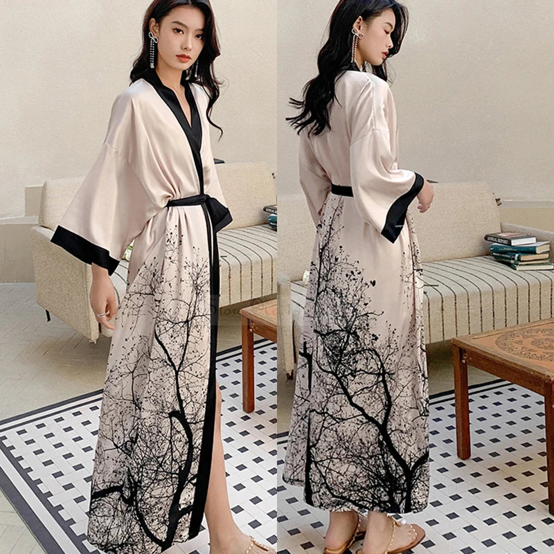 Print Flower Long Kimono Bathrobe Gown Sexy Women Half Sleeve Wedding Robe Nightgown Spring Summer Rayon Home Dress Sleepwear