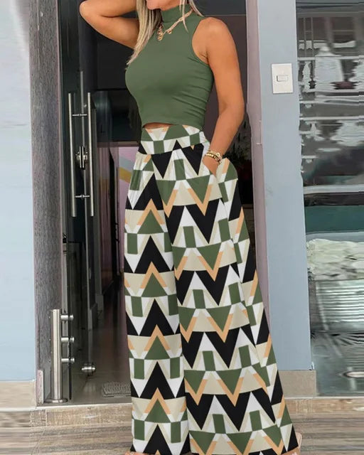 Plus Size Printing Two Piece Set Women Casual Solid Sleeveless Tank Top Wide Leg Pants Two Piece Set 2025 Fashion Clothing