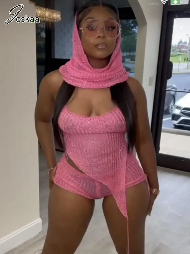 Joskaa Sequins Knit Beach 3 Piece Sets Women Sexy Backless Halter Irregular Top+Head Scarf+Shorts Matching Set Vacation Outfits