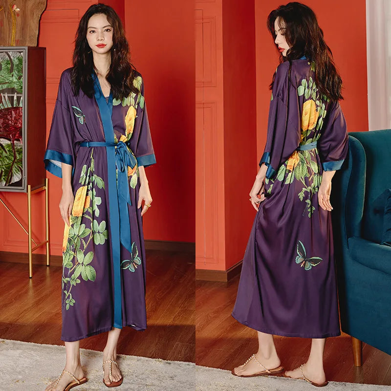Print Flower Long Kimono Bathrobe Gown Sexy Women Half Sleeve Wedding Robe Nightgown Spring Summer Rayon Home Dress Sleepwear