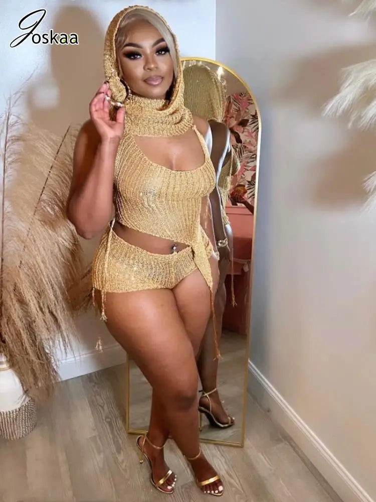 Joskaa Sequins Knit Beach 3 Piece Sets Women Sexy Backless Halter Irregular Top+Head Scarf+Shorts Matching Set Vacation Outfits