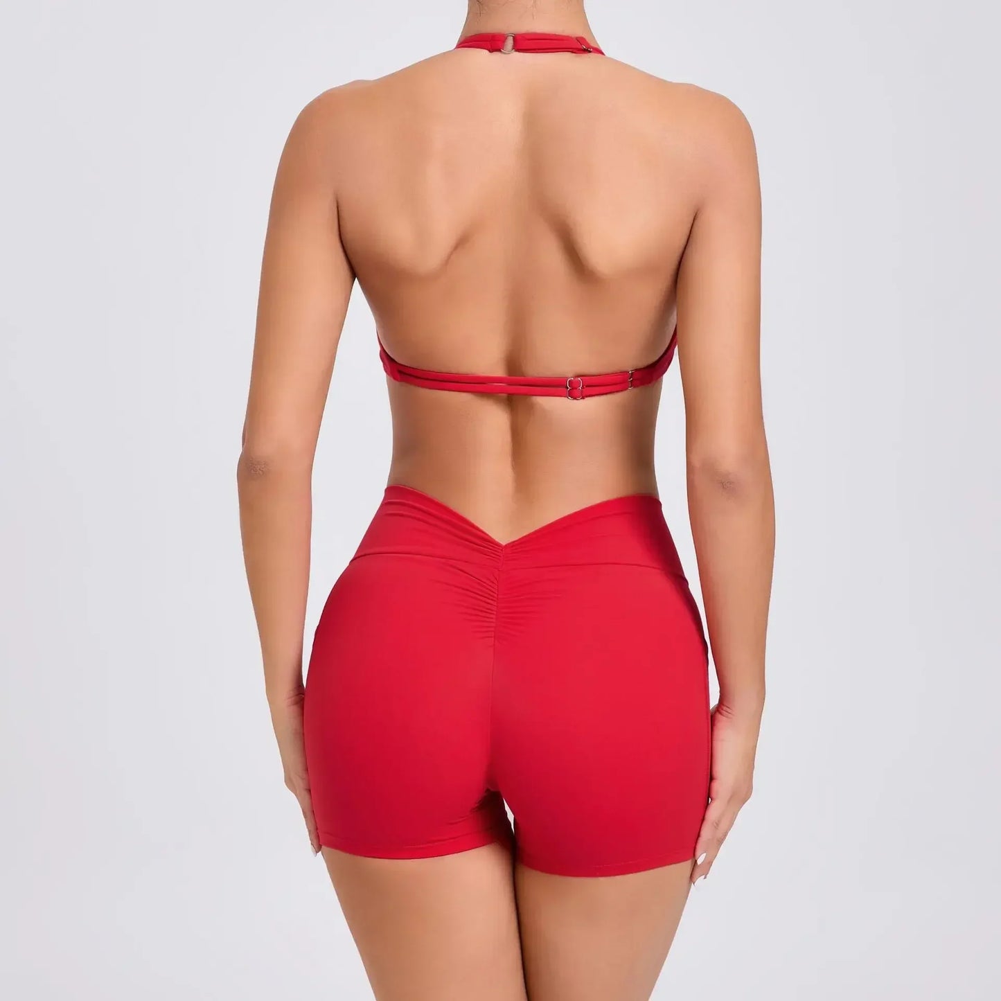 Sexy Backless Scrunch Sport Shorts Set with Pocket Women Gym Workout Clothes Yoga Training Suit for Fitness Sportswear Red Black