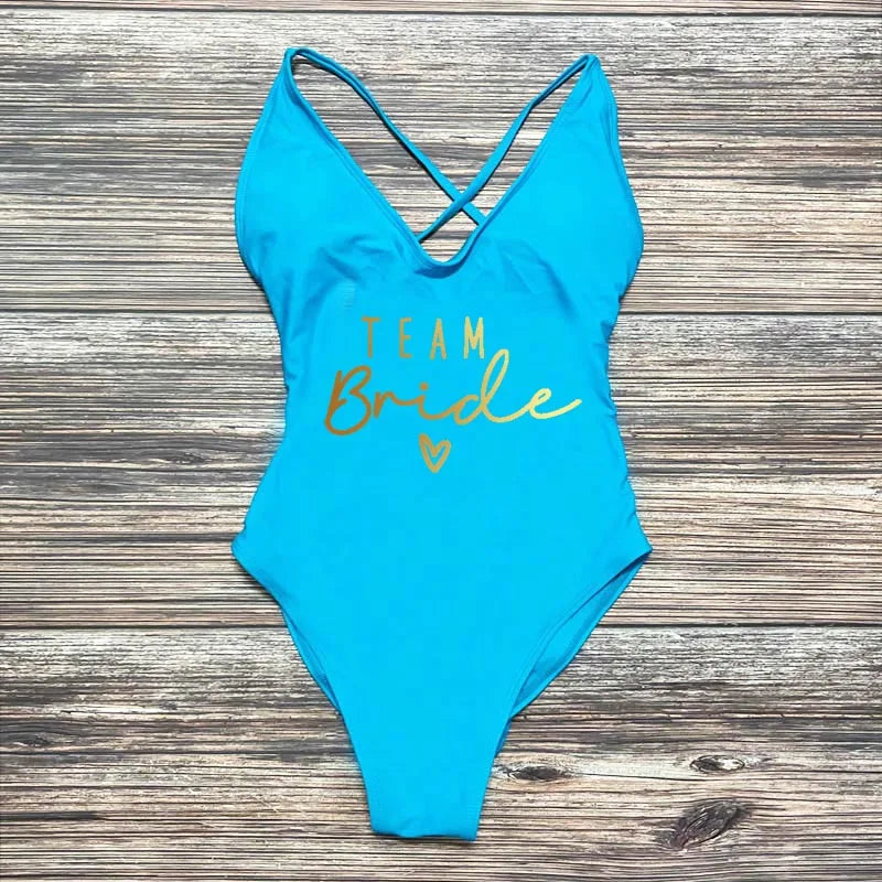 S-3XL Gold Print Team Bride One-Piece Swimsuit Squad Women Swimwear Sexy Padded Bachelorette Party Bathing Suit Summer Beachwear