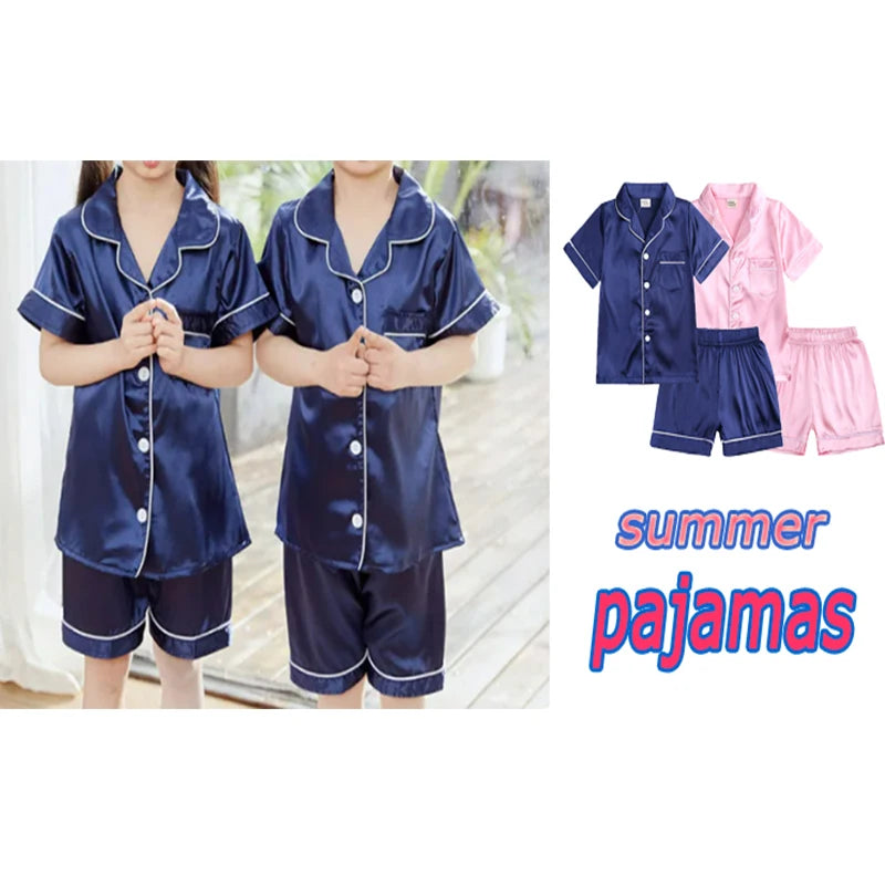 Comfortable Summer Pajama Sets for Boys Girls Silk Satin Top+Pant Long Sleeve Solid Silky Pyjamas Nightgown Children Sleepwear