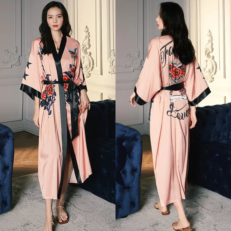 Print Flower Long Kimono Bathrobe Gown Sexy Women Half Sleeve Wedding Robe Nightgown Spring Summer Rayon Home Dress Sleepwear