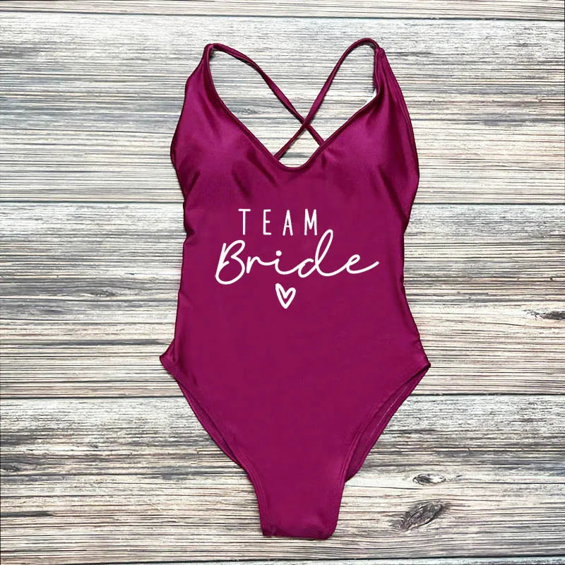 S-3XL Gold Print Team Bride One-Piece Swimsuit Squad Women Swimwear Sexy Padded Bachelorette Party Bathing Suit Summer Beachwear
