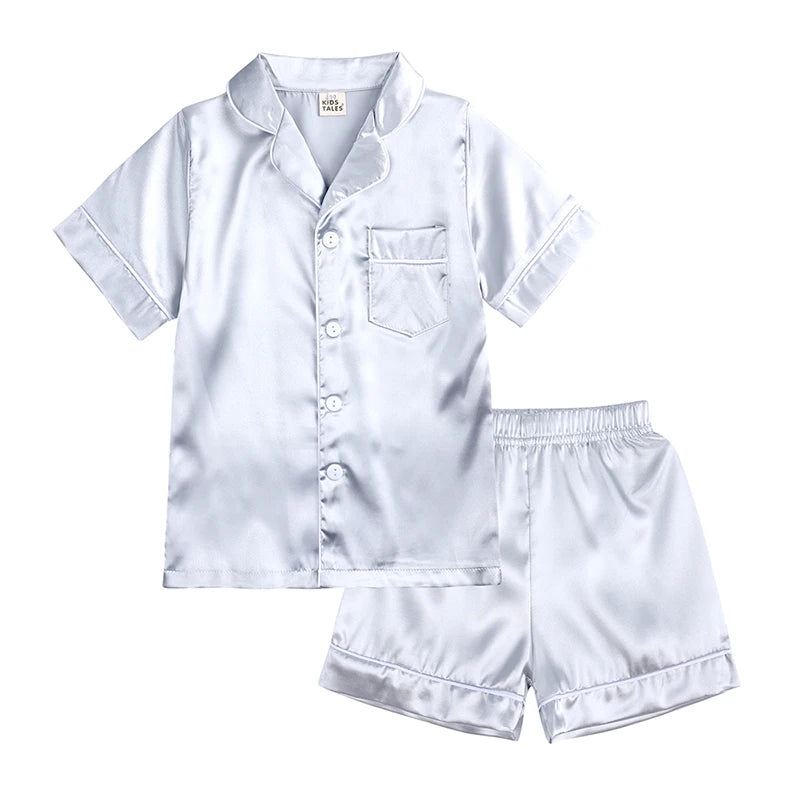 Comfortable Summer Pajama Sets for Boys Girls Silk Satin Top+Pant Long Sleeve Solid Silky Pyjamas Nightgown Children Sleepwear
