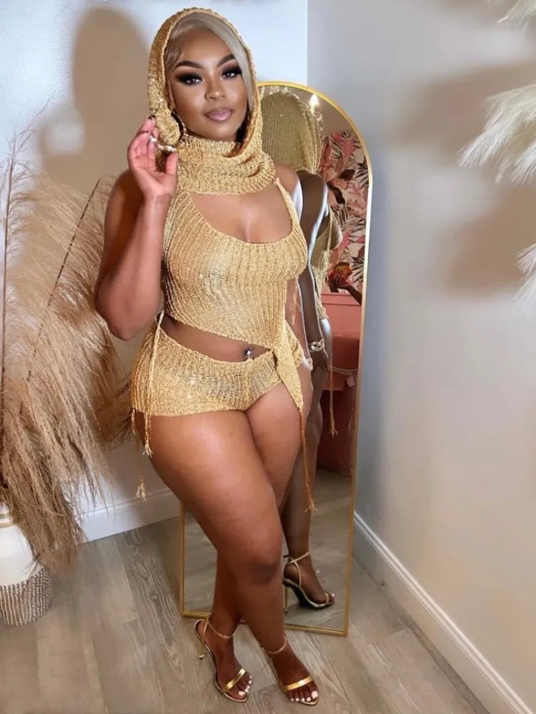 Joskaa Sequins Knit Beach 3 Piece Sets Women Sexy Backless Halter Irregular Top+Head Scarf+Shorts Matching Set Vacation Outfits