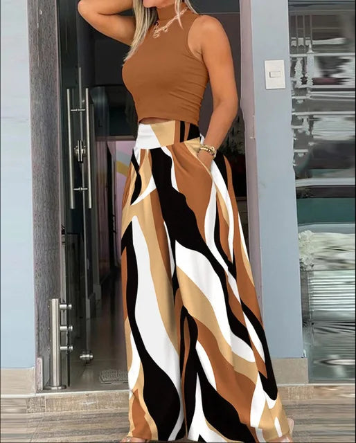 Plus Size Printing Two Piece Set Women Casual Solid Sleeveless Tank Top Wide Leg Pants Two Piece Set 2025 Fashion Clothing