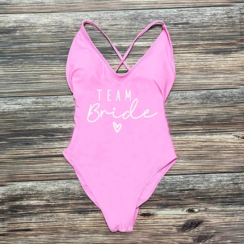 S-3XL Gold Print Team Bride One-Piece Swimsuit Squad Women Swimwear Sexy Padded Bachelorette Party Bathing Suit Summer Beachwear