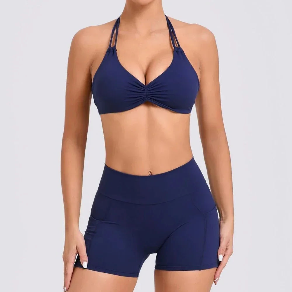 Sexy Backless Scrunch Sport Shorts Set with Pocket Women Gym Workout Clothes Yoga Training Suit for Fitness Sportswear Red Black