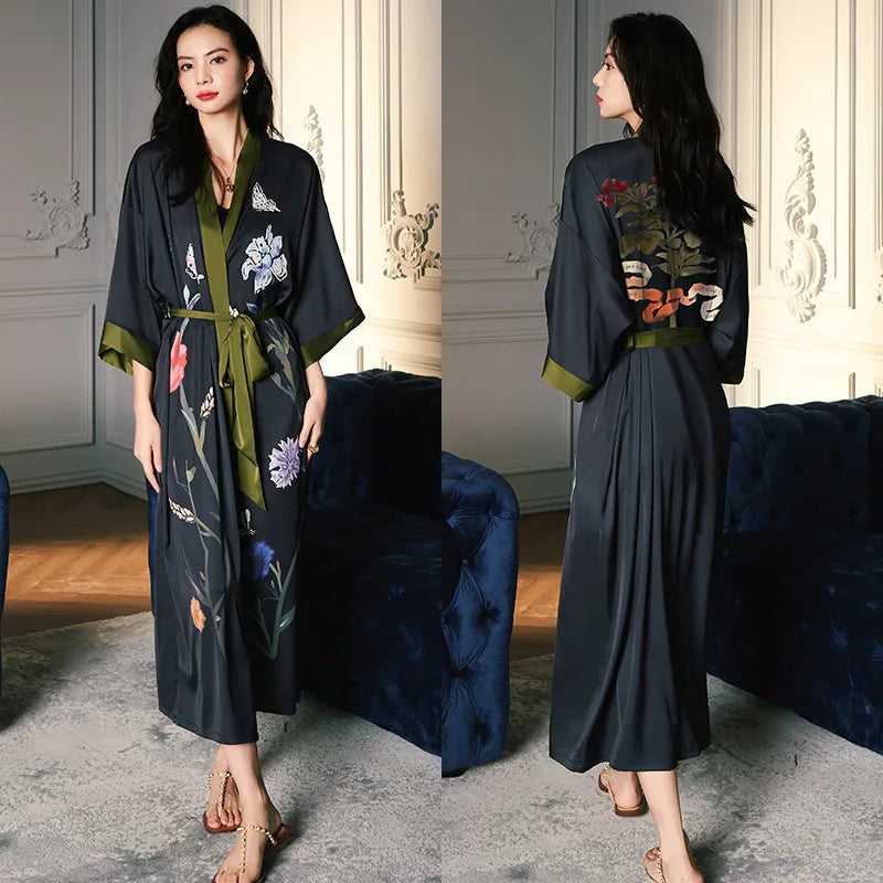 Print Flower Long Kimono Bathrobe Gown Sexy Women Half Sleeve Wedding Robe Nightgown Spring Summer Rayon Home Dress Sleepwear