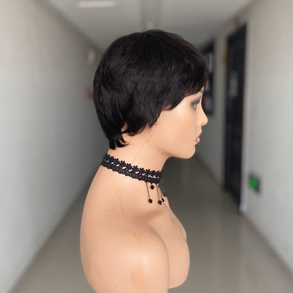 Short Straight Human Hair Wigs Natural Color Brazilian Remy Hair Pixie Cut Wig Cheap Human Hair Machine Wig For Black Women