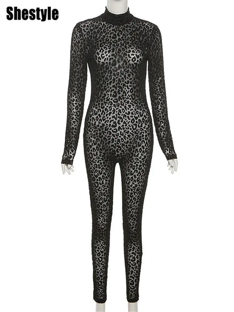 Shestyle Leopard Transparent Jumpsuits Women Skinny Back Zip Mock Neck Black Sexy 2021 Hot Animal Print Slim Clubwear Fitness