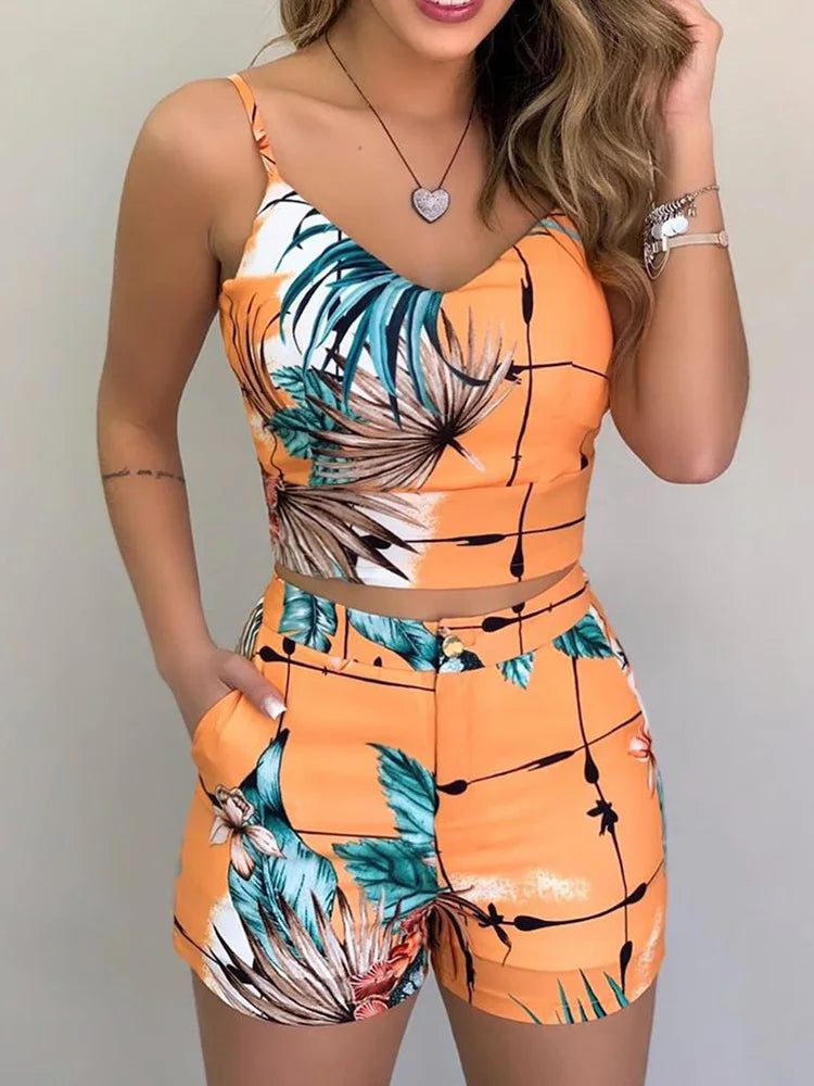 Women Fashion Summer Two Piece Set Sleeveless Floral Vest Shirts + Short Pants Elegant Women's Ensembles 2Pcs Set Streetwear