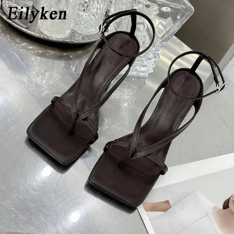 Eilyken Summer Fashion Square Pinch Open Narrow Band Women Sandals Ankle Buckle Strap Thin Heels Ladies Shoes Zapatos De Mujer