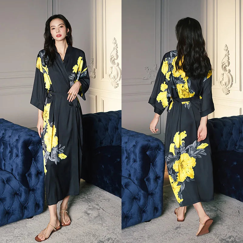 Print Flower Long Kimono Bathrobe Gown Sexy Women Half Sleeve Wedding Robe Nightgown Spring Summer Rayon Home Dress Sleepwear