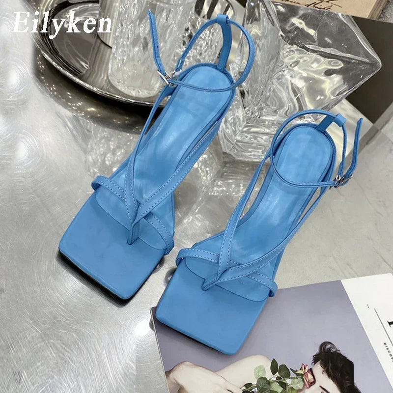 Eilyken Summer Fashion Square Pinch Open Narrow Band Women Sandals Ankle Buckle Strap Thin Heels Ladies Shoes Zapatos De Mujer