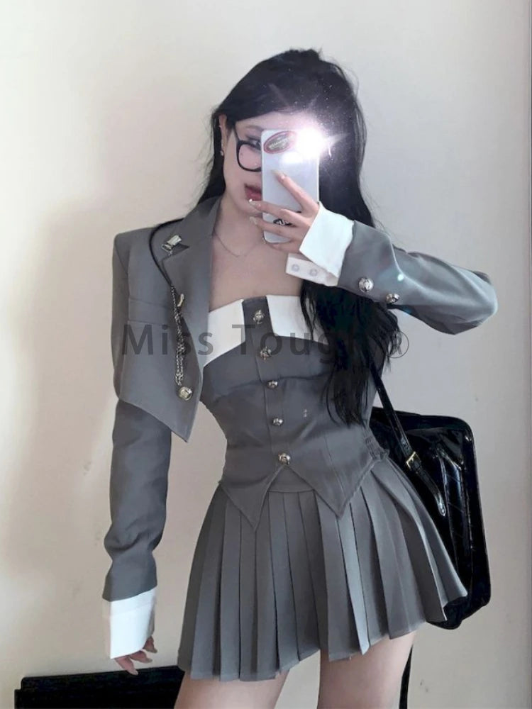 Preppy Style Elegant 3 Piece Set Women Fashion Casual Blazer Suit Female Pleated Mini Skirt + Irregular Camisole + Short Jacket