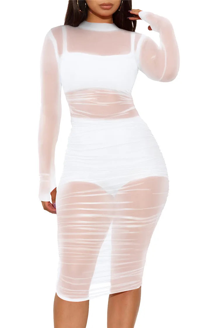 Women Mesh See Through 3 Piece Set Bodycon Ruched Cover Up Midi Dress+Camis+Shorts 3 Pieces Suits Sexy Night Club Party Outfits